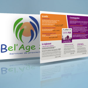 présentation du logo Bel'Age Services de Proximité et plaquette SORTIR PLUS sur la sortie accompagnée, le fonctionnement, services à domicile, Grenoble