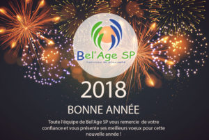 photo mise en scène du logo de Bel'Age Services de Proximité sur fond de feux d'artifice, merci de votre confiance et meilleurs voeux pour cette nouvelle année, Grenoble, services à domicile
