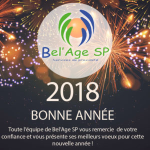 photo mise en scène du logo de Bel'Age Services de Proximité sur fond de feux d'artifice, merci de votre confiance et meilleurs voeux pour cette nouvelle année, Grenoble, services à domicile