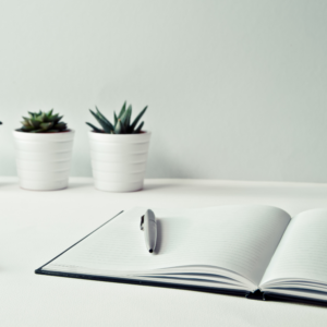 Un cahier et des plantes sur un bureau